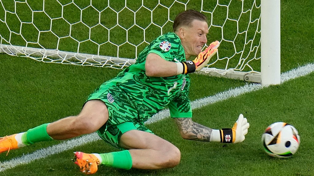 AP/Hassan Ammar : England goalkeeper Jordan Pickford makes a save during the penalty shoot-outs against Switzerland in their UEFA Euro 2024 quarter-final clash on Sunday (July 7).